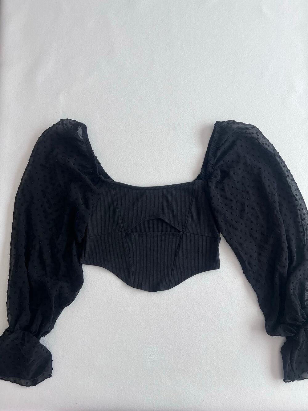 Urban Outfitters Black Swiss Dot Puff Sleeve Corset Crop Top Cutout whimsigoth